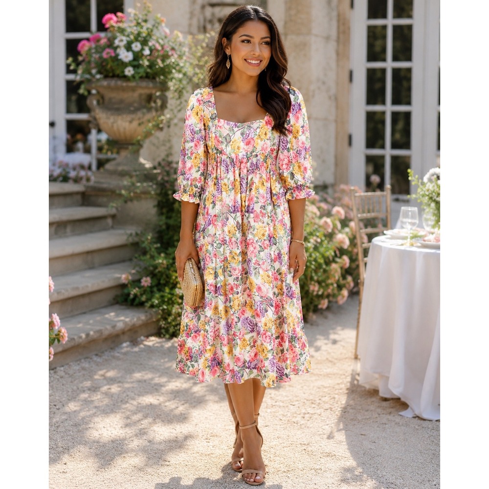 Storia Womans Small Dress Pleated Puff Sleeve Floral Romantic Cottagecore NWT